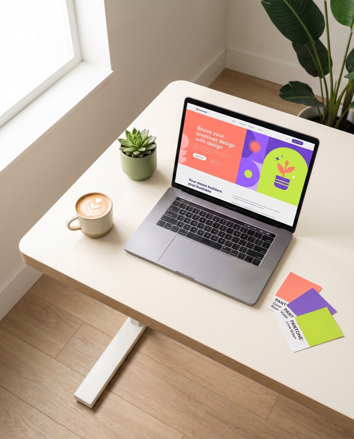 Werkplek met laptop, koffie en kleurstalen