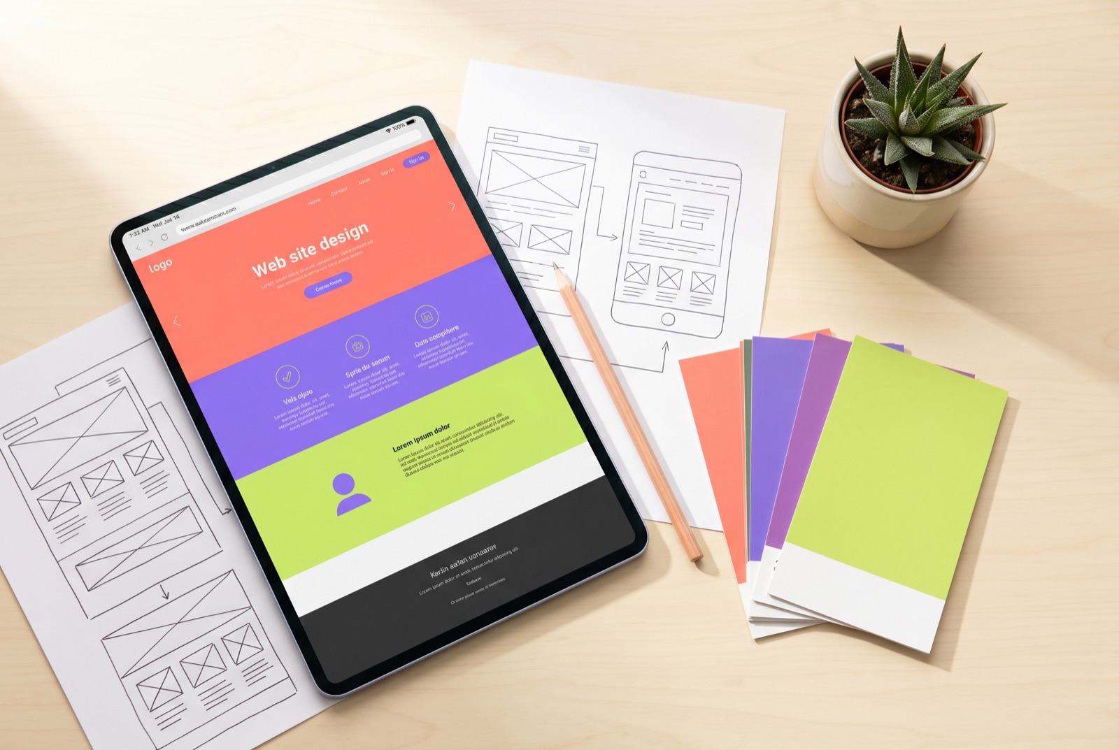 Webdesign-proces: tablet met ontwerp, schetsen en kleurstalen